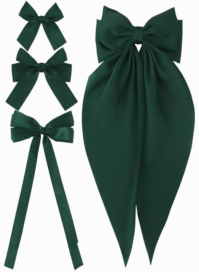 SuPoo 4pcs Small Hair Bow Clips for Women Girls Green Silky Satin Hair Ribbon Large Bows for Hair Different Sizes Bowknot Alligator Clips Hair Bow Barrettes Oversized Long-tail Aesthetic Hair Accessories - Image 1